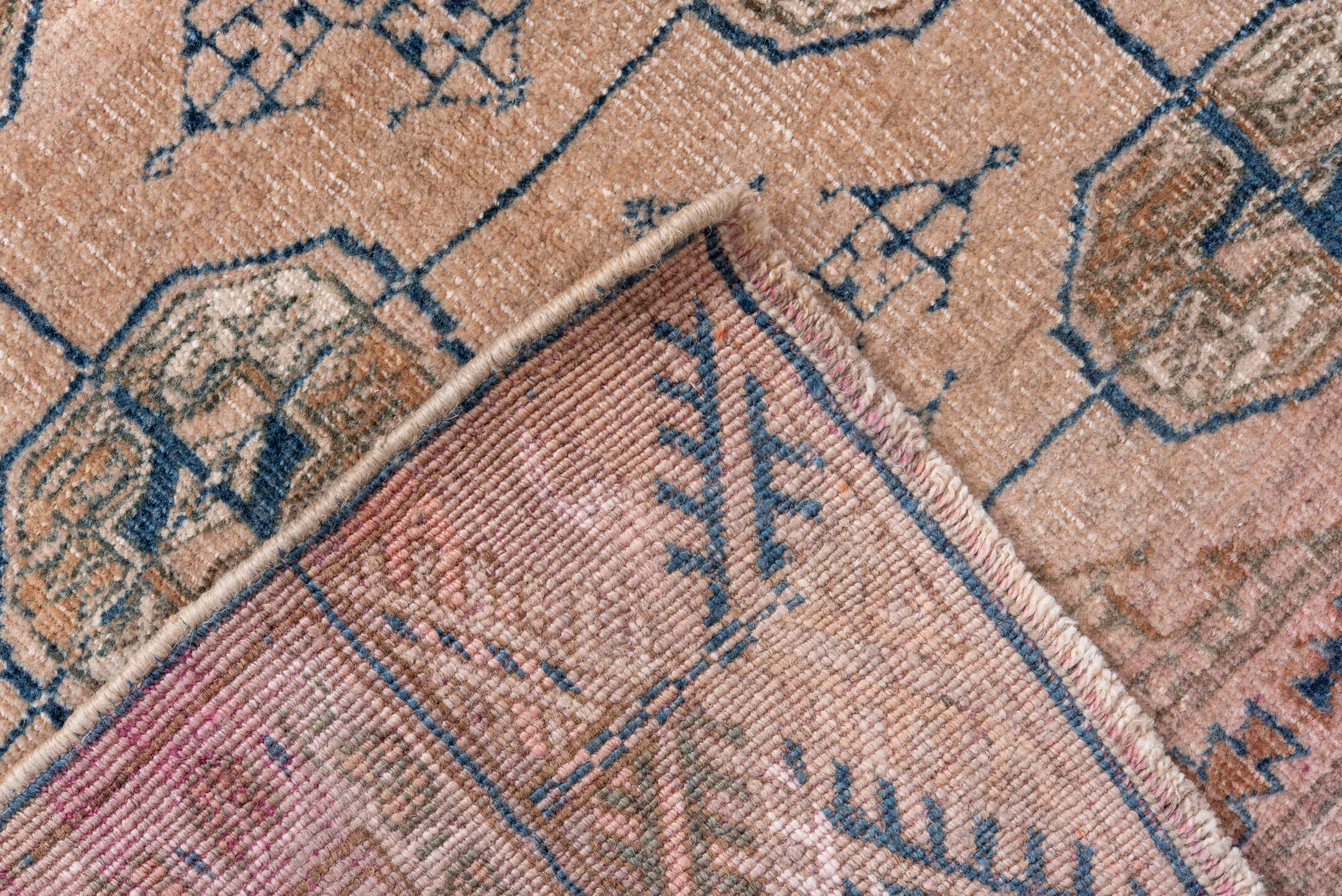 3' x 9' one-of-a-kind handmade antique Bokara runner rug. Color palette: taupe, dusty rose, slate, ivory, camel, brown