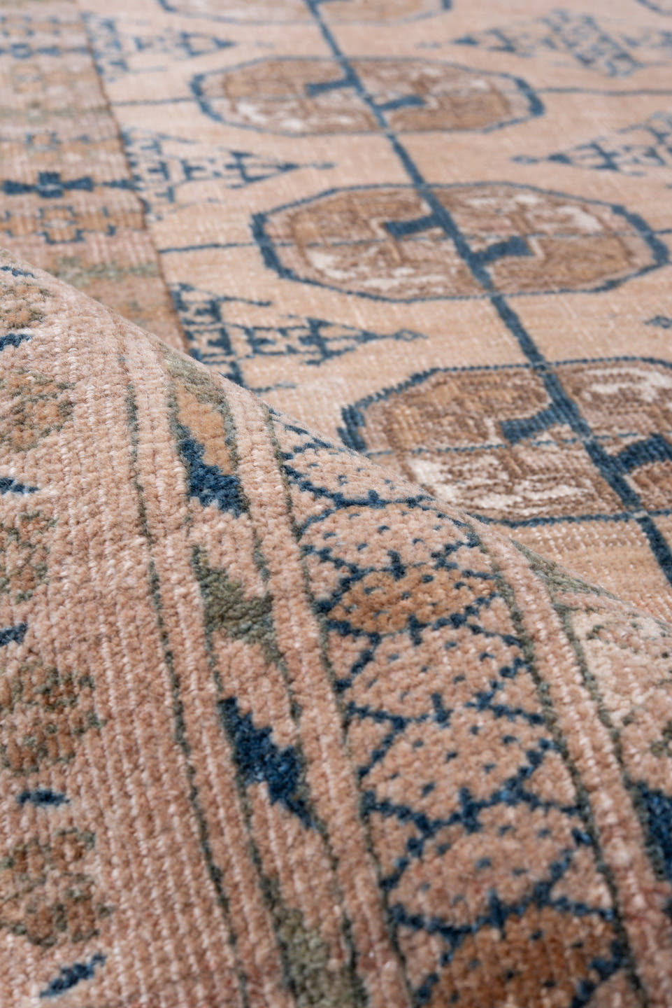 3' x 9' one-of-a-kind handmade antique Bokara runner rug. Color palette: taupe, dusty rose, slate, ivory, camel, brown