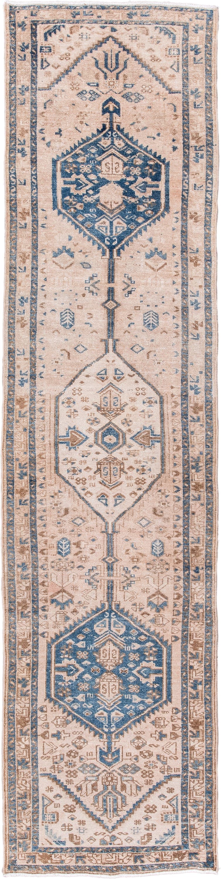 2' x 10' one-of-a-kind handmade antique Karaje runner rug. Color palette: ivory, sky_blue, camel, taupe, slate, light blue