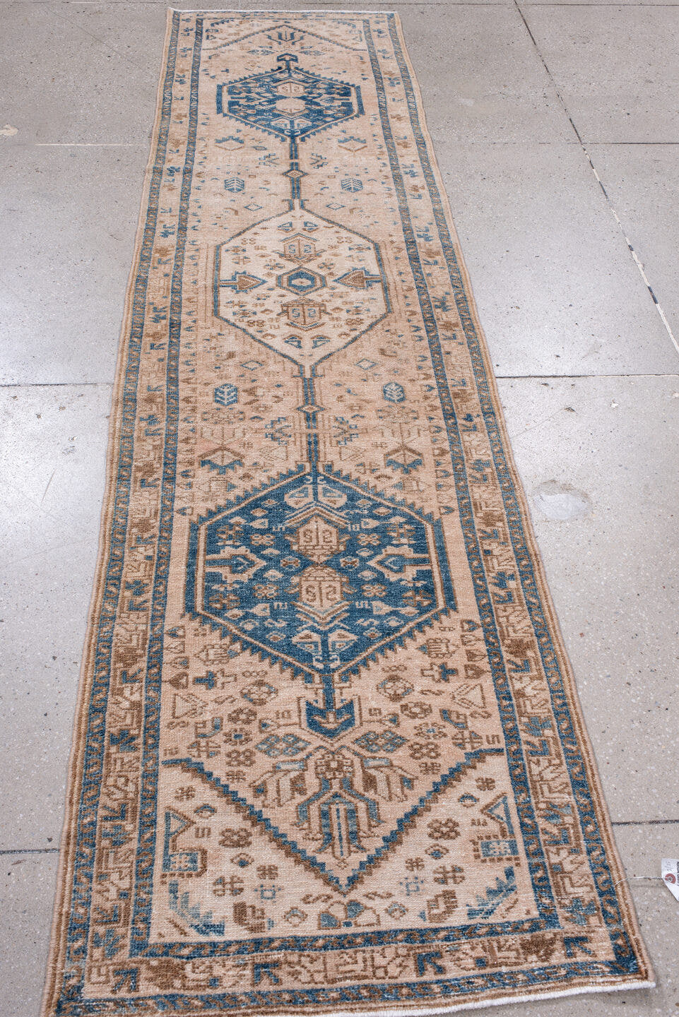 2' x 10' one-of-a-kind handmade antique Karaje runner rug. Color palette: ivory, sky_blue, camel, taupe, slate, light blue