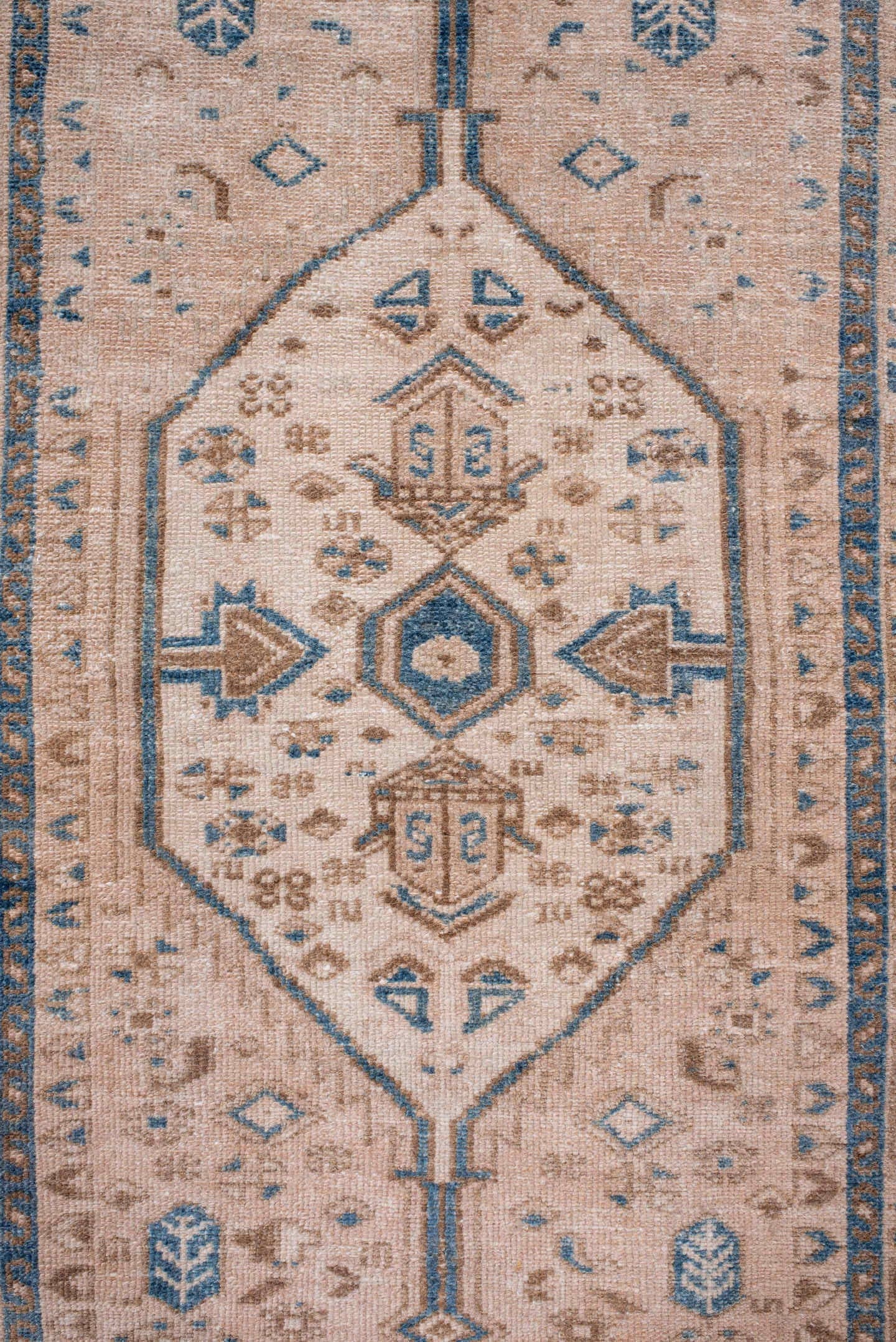2' x 10' one-of-a-kind handmade antique Karaje runner rug. Color palette: ivory, sky_blue, camel, taupe, slate, light blue