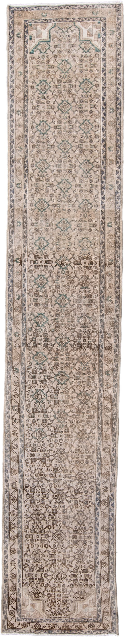 2' x 13' one-of-a-kind handmade antique Hamadan runner rug. Color palette: ivory, taupe, camel, slate, aqua, brown, beige
