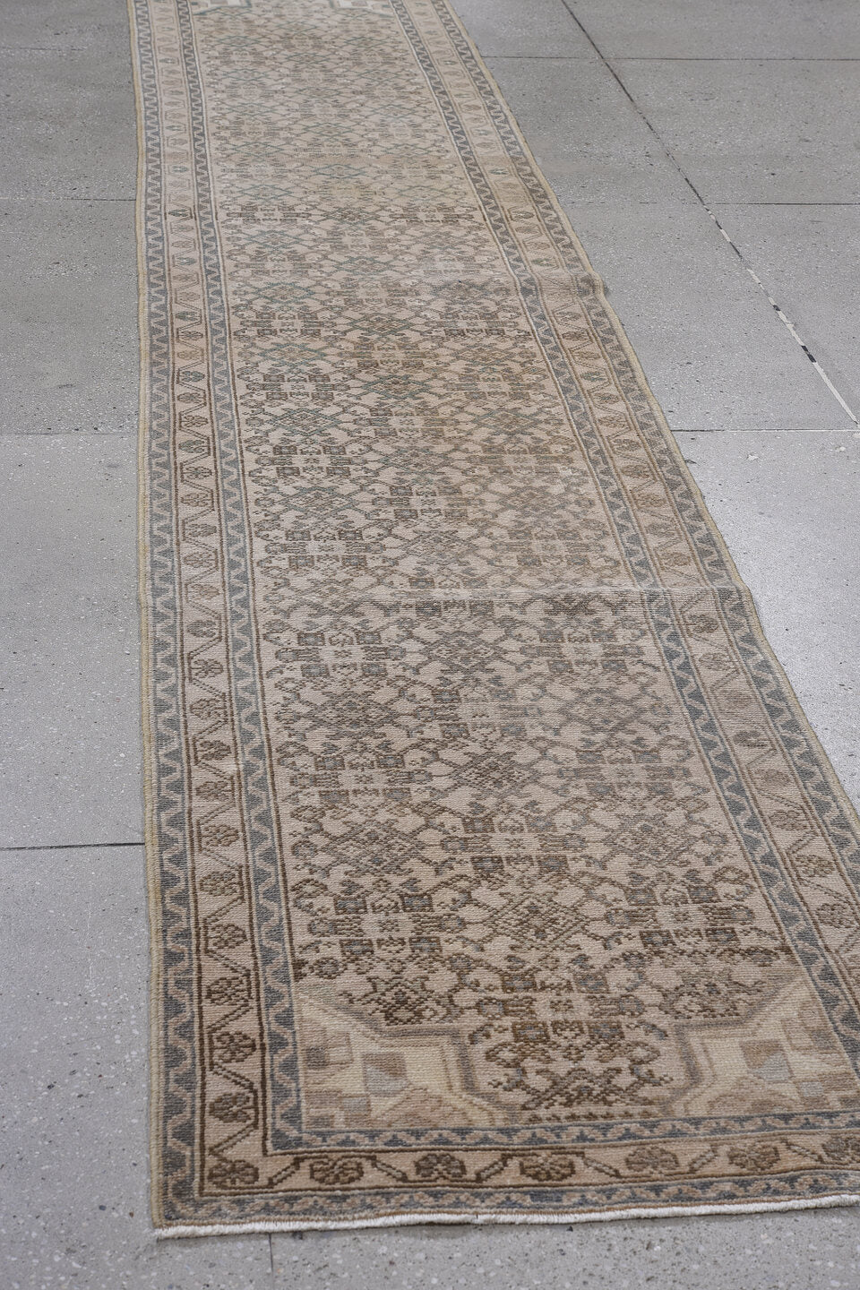 2' x 13' one-of-a-kind handmade antique Hamadan runner rug. Color palette: ivory, taupe, camel, slate, aqua, brown, beige