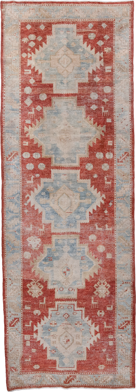 3' x 10' one-of-a-kind handmade antique NW Persian runner rug. Color palette: rust, ivory, pale blue, terracotta, cream