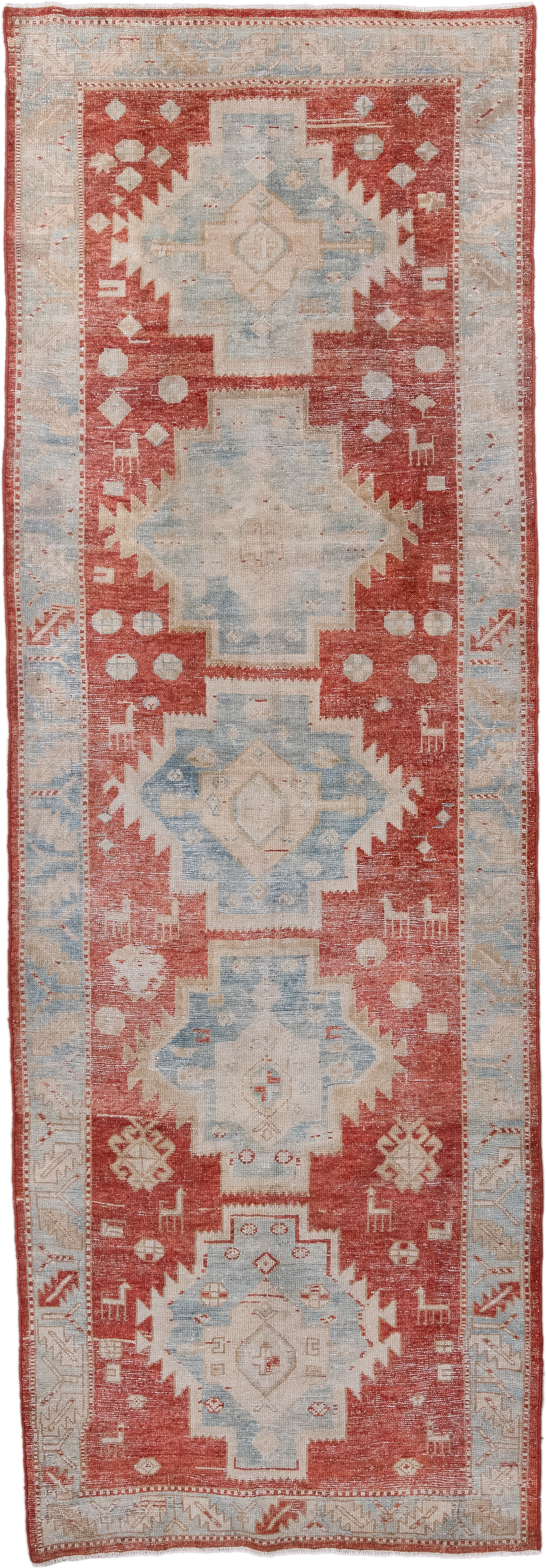 3' x 10' one-of-a-kind handmade antique NW Persian runner rug. Color palette: rust, ivory, pale blue, terracotta, cream