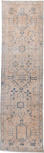 2' x 10' one-of-a-kind handmade antique Heriz runner rug. Color palette: ivory, pale blue, beige, camel, taupe, light blue