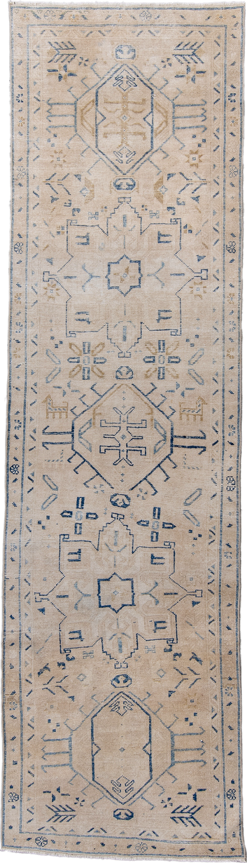 2' x 10' one-of-a-kind handmade antique Heriz runner rug. Color palette: ivory, pale blue, beige, camel, taupe, light blue