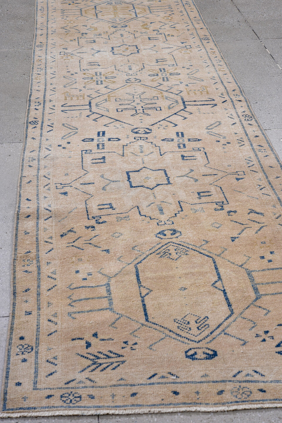 2' x 10' one-of-a-kind handmade antique Heriz runner rug. Color palette: ivory, pale blue, beige, camel, taupe, light blue