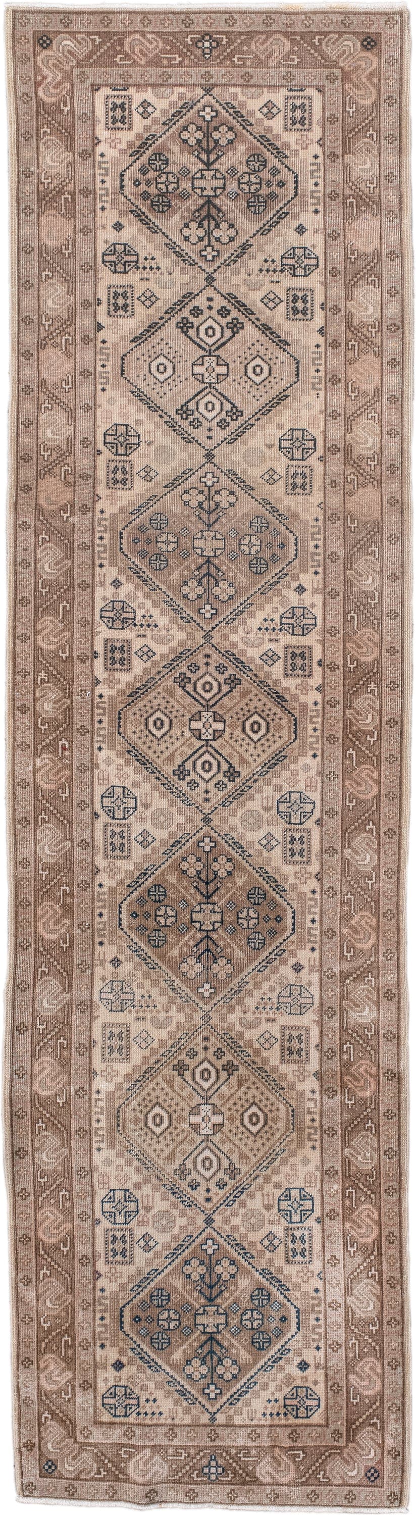 2' x 8' one-of-a-kind handmade antique Sivas runner rug. Color palette: taupe, ivory, dusty rose, slate, beige, brown, gray