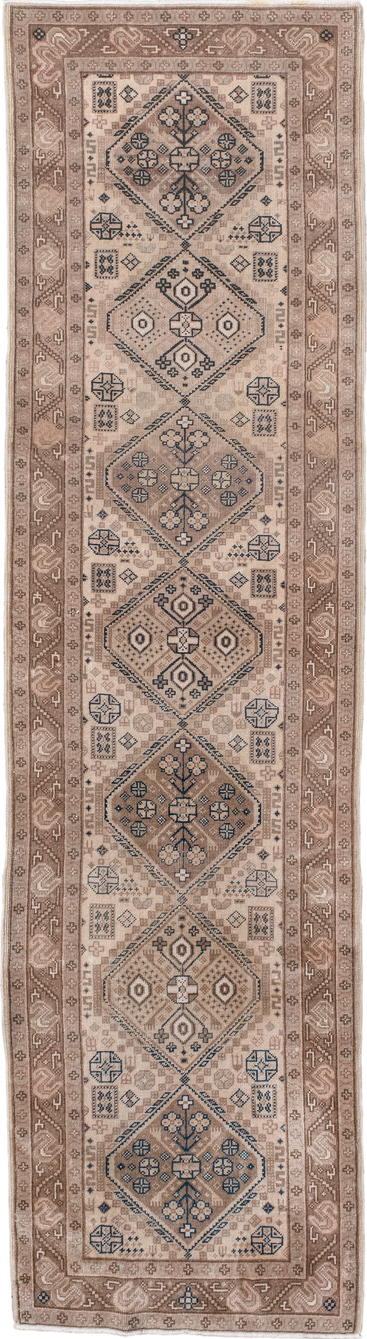 2' x 8' one-of-a-kind handmade antique Sivas runner rug. Color palette: taupe, ivory, dusty rose, slate, beige, brown, gray