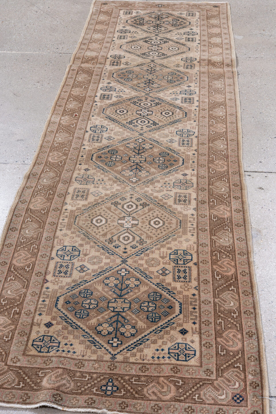 2' x 8' one-of-a-kind handmade antique Sivas runner rug. Color palette: taupe, ivory, dusty rose, slate, beige, brown, gray