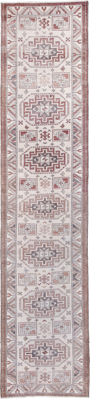 2' x 11' one-of-a-kind handmade antique Sivas runner rug. Color palette: ivory, rust, taupe, slate, rose, camel, terracotta