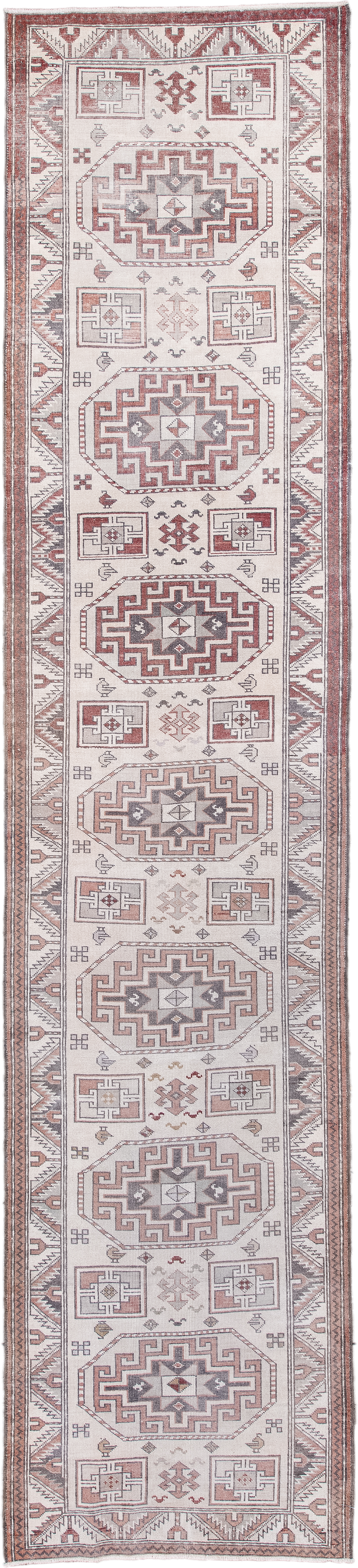 2' x 11' one-of-a-kind handmade antique Sivas runner rug. Color palette: ivory, rust, taupe, slate, rose, camel, terracotta