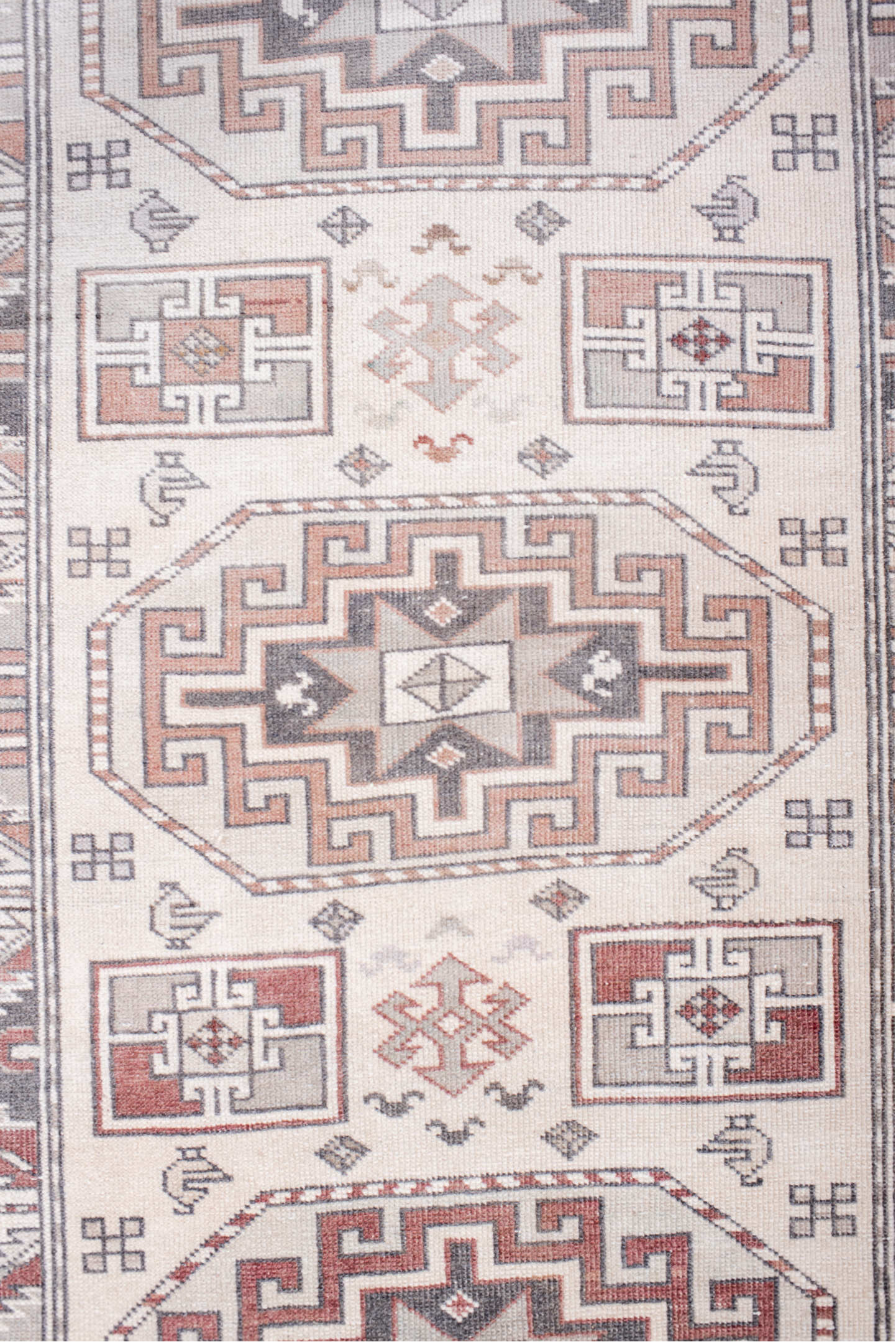 2' x 11' one-of-a-kind handmade antique Sivas runner rug. Color palette: ivory, rust, taupe, slate, rose, camel, terracotta