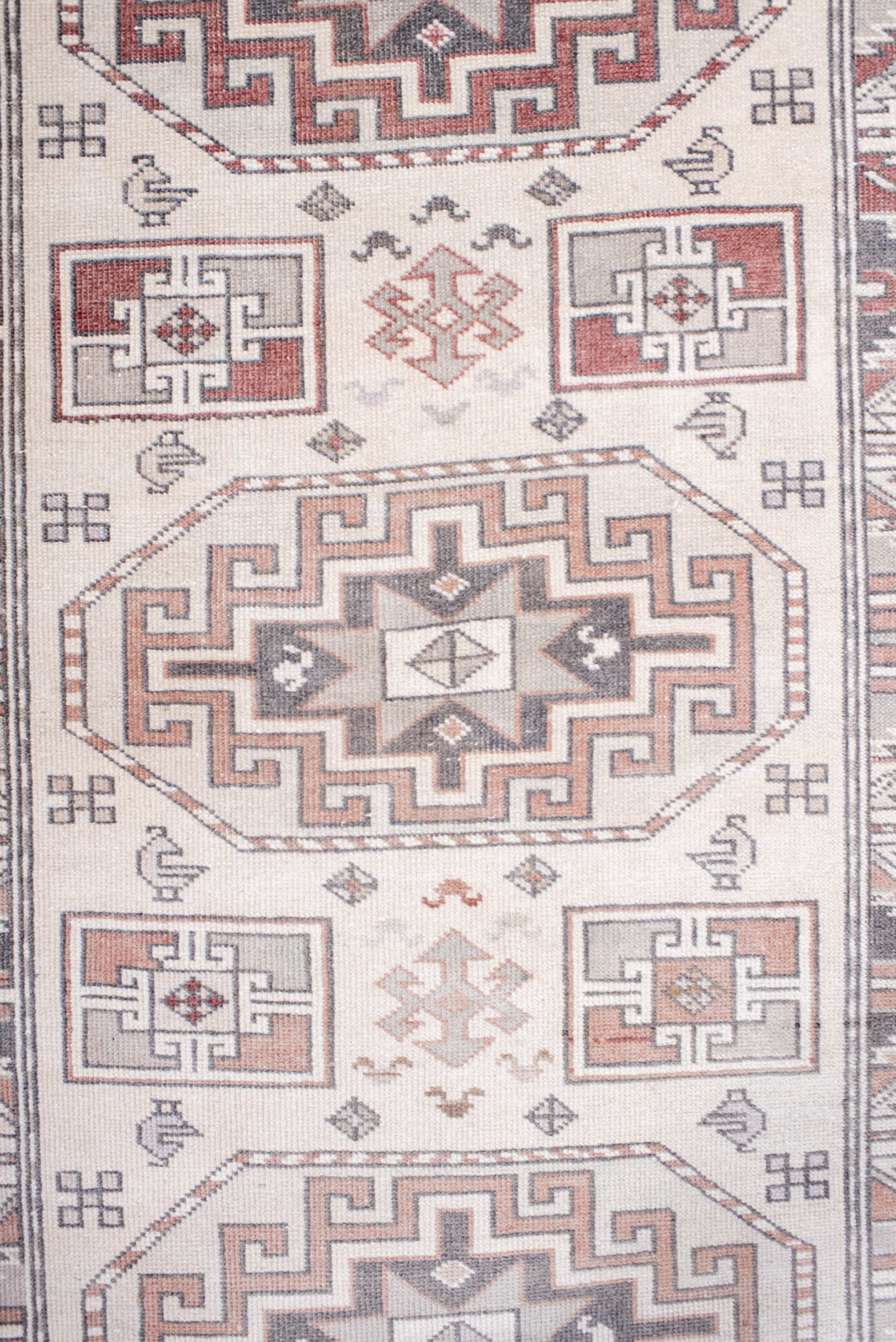 2' x 11' one-of-a-kind handmade antique Sivas runner rug. Color palette: ivory, rust, taupe, slate, rose, camel, terracotta