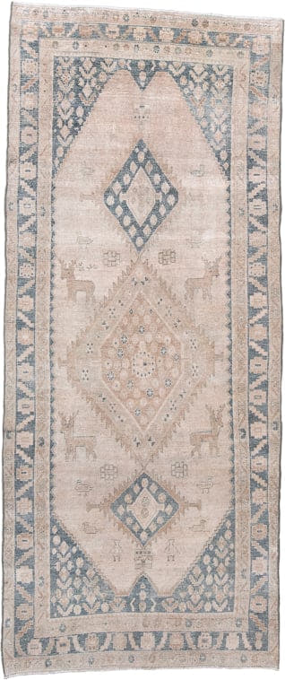 4' x 9' one-of-a-kind handmade antique NW Persian runner rug. Color palette: ivory, pale blue, beige, sand, taupe, camel
