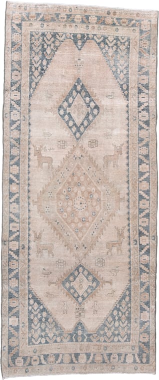 4' x 9' one-of-a-kind handmade antique NW Persian runner rug. Color palette: ivory, pale blue, beige, sand, taupe, camel