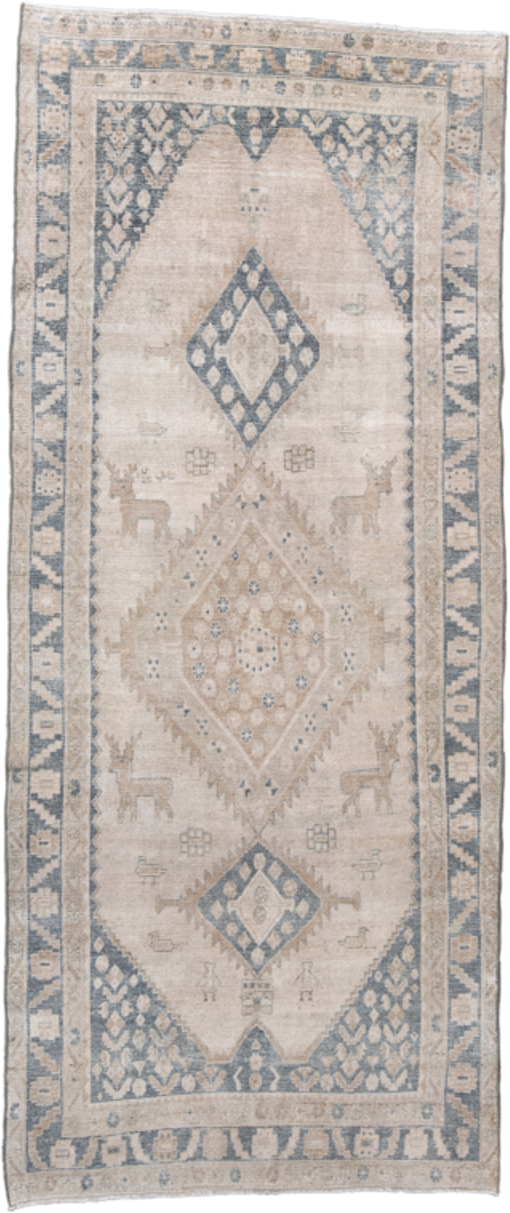 4' x 9' one-of-a-kind handmade antique NW Persian runner rug. Color palette: ivory, pale blue, beige, sand, taupe, camel