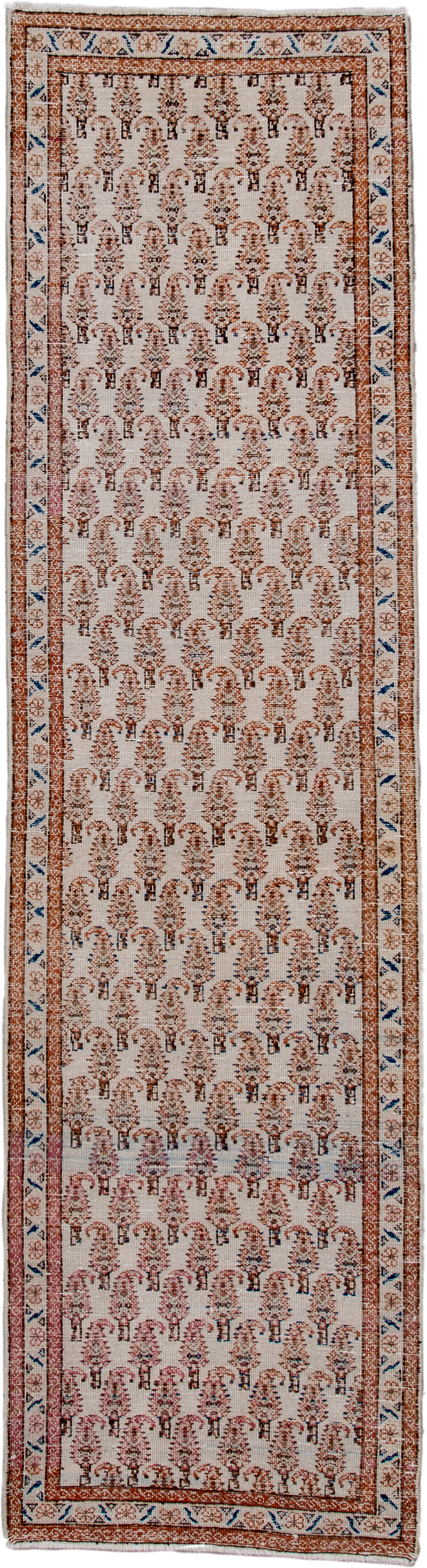 2' x 8' one-of-a-kind handmade antique Tabriz runner rug. Color palette: ivory, rust, camel, blue, rose, taupe, terracotta