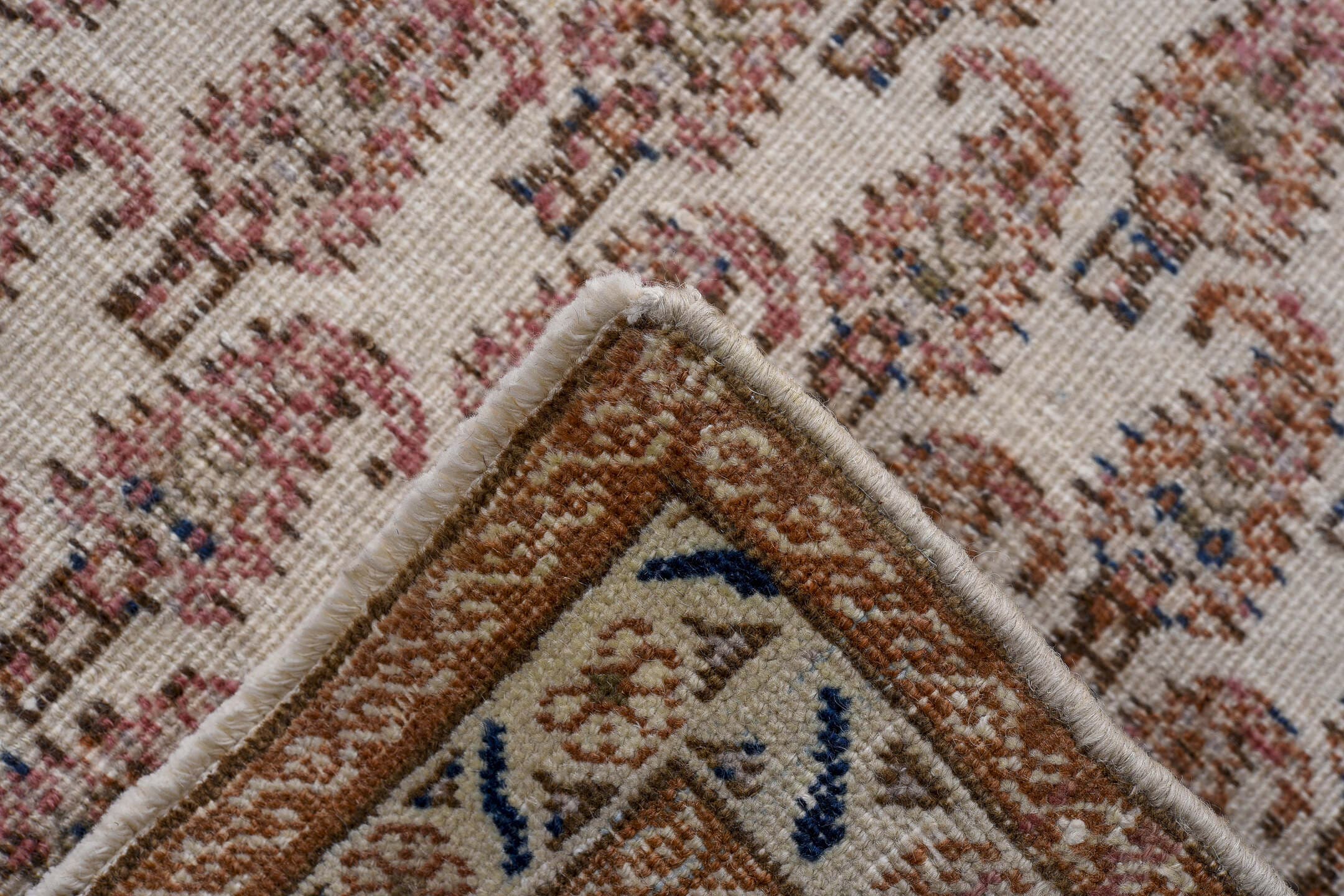 2' x 8' one-of-a-kind handmade antique Tabriz runner rug. Color palette: ivory, rust, camel, blue, rose, taupe, terracotta