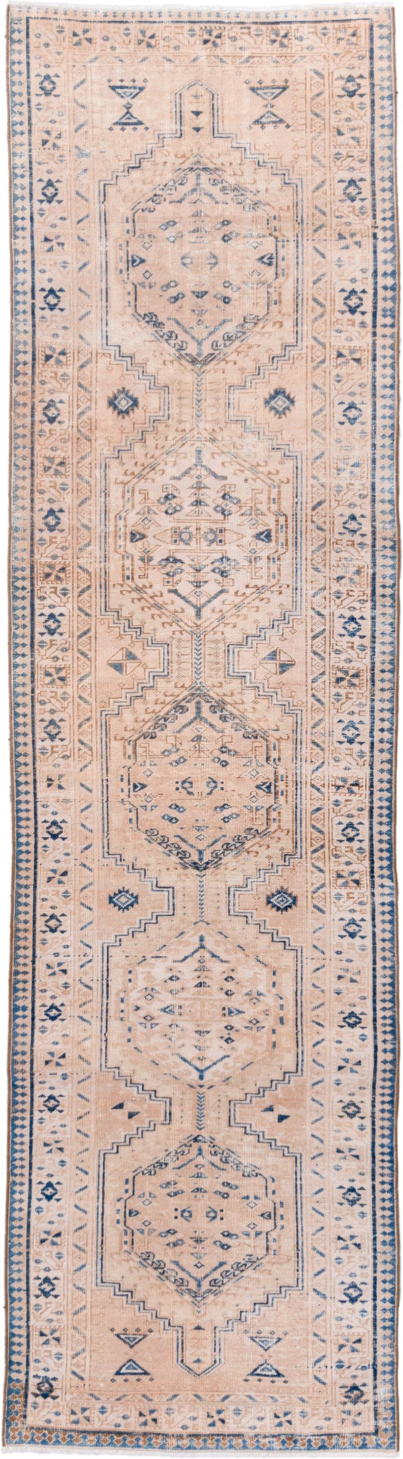 3' x 11' one-of-a-kind handmade vintage Sarab runner rug. Color palette: ivory, pale blue, beige, camel, taupe, light blue