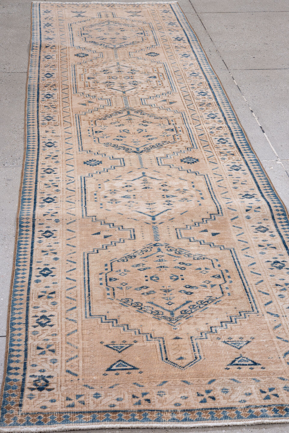 3' x 11' one-of-a-kind handmade vintage Sarab runner rug. Color palette: ivory, pale blue, beige, camel, taupe, light blue