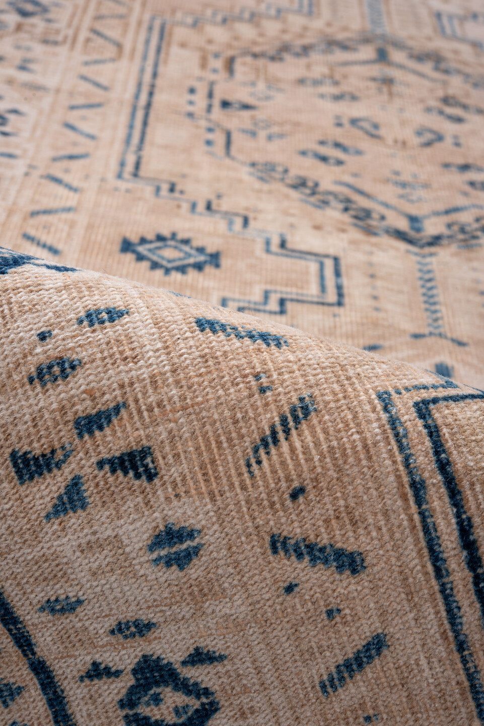 3' x 11' one-of-a-kind handmade vintage Sarab runner rug. Color palette: blue, dark gray, fiord, gray, light gray, off-white