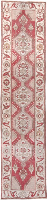 2' x 10' one-of-a-kind handmade antique Oushak runner rug. Color palette: rose, ivory, taupe, beige, rust, pink, red, gray