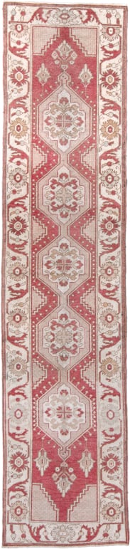 2' x 10' one-of-a-kind handmade antique Oushak runner rug. Color palette: rose, ivory, taupe, beige, rust, pink, red, gray