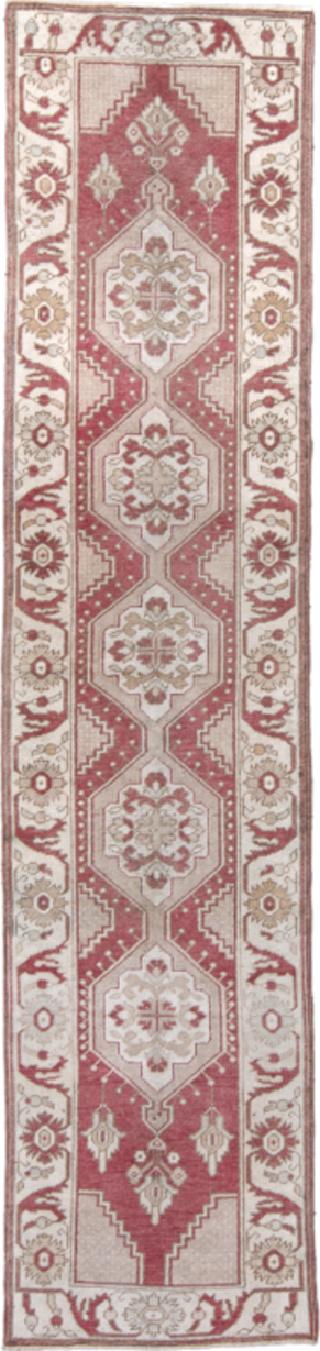 2' x 10' one-of-a-kind handmade antique Oushak runner rug. Color palette: rose, ivory, taupe, beige, rust, pink, red, gray