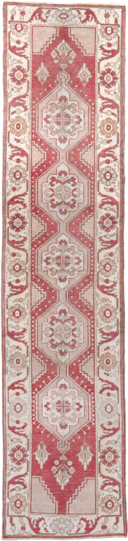 2' x 10' one-of-a-kind handmade antique Oushak runner rug. Color palette: rose, ivory, taupe, beige, rust, pink, red, gray