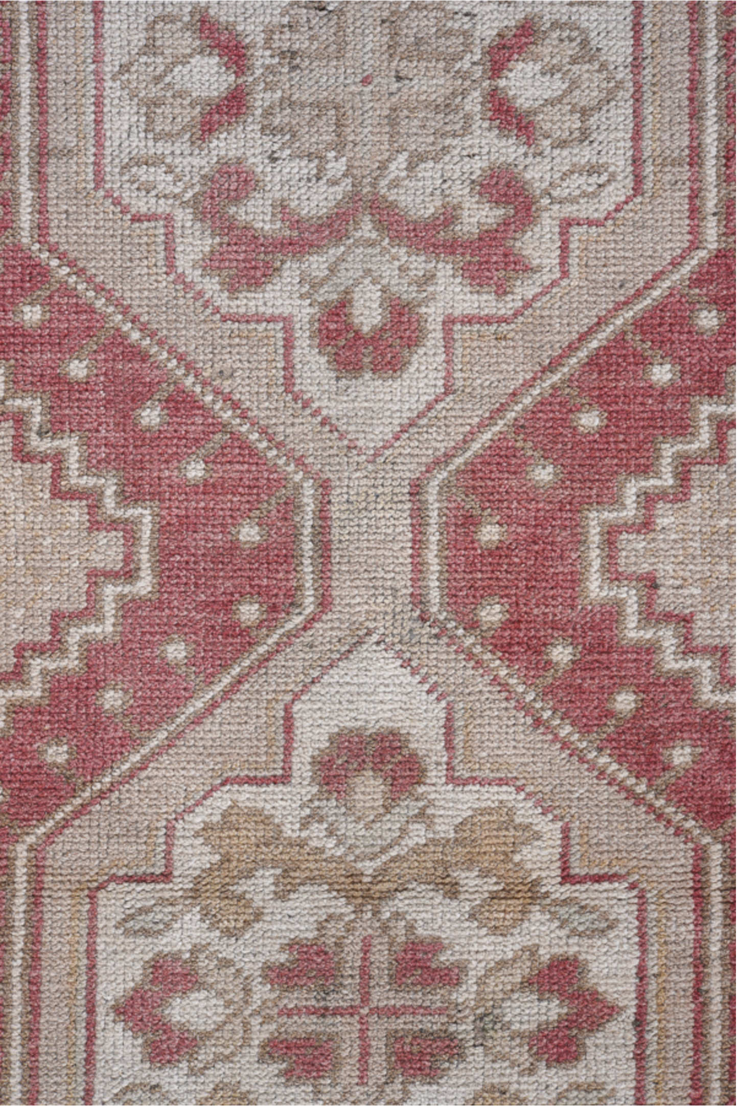 2' x 10' one-of-a-kind handmade antique Oushak runner rug. Color palette: rose, ivory, taupe, beige, rust, pink, red, gray