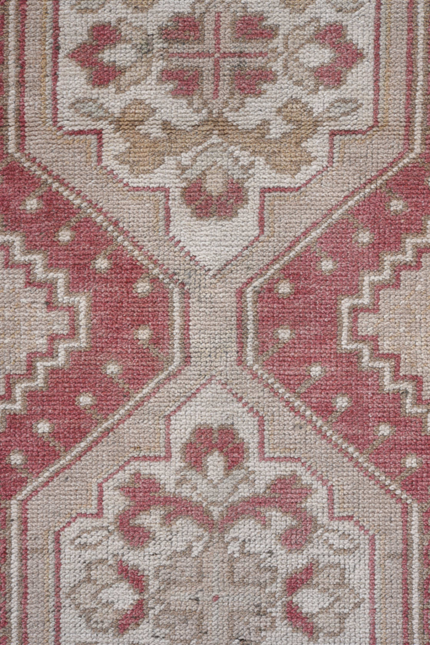 2' x 10' one-of-a-kind handmade antique Oushak runner rug. Color palette: rose, ivory, taupe, beige, rust, pink, red, gray
