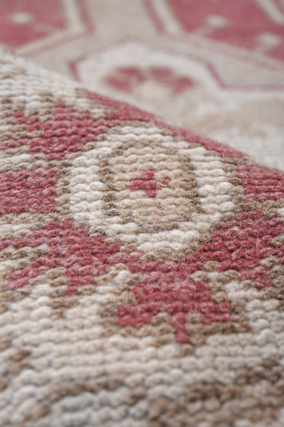 2' x 10' one-of-a-kind handmade antique Oushak runner rug. Color palette: rose, ivory, taupe, beige, rust, pink, red, gray