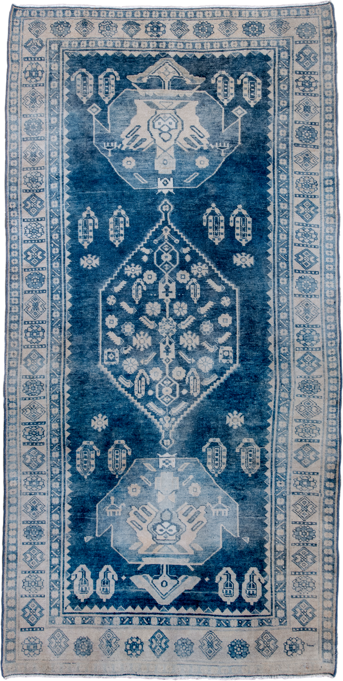 3' x 7' one-of-a-kind handmade antique Bidjar rug. Color palette: indigo, ivory, slate, navy, purple, gray, blue