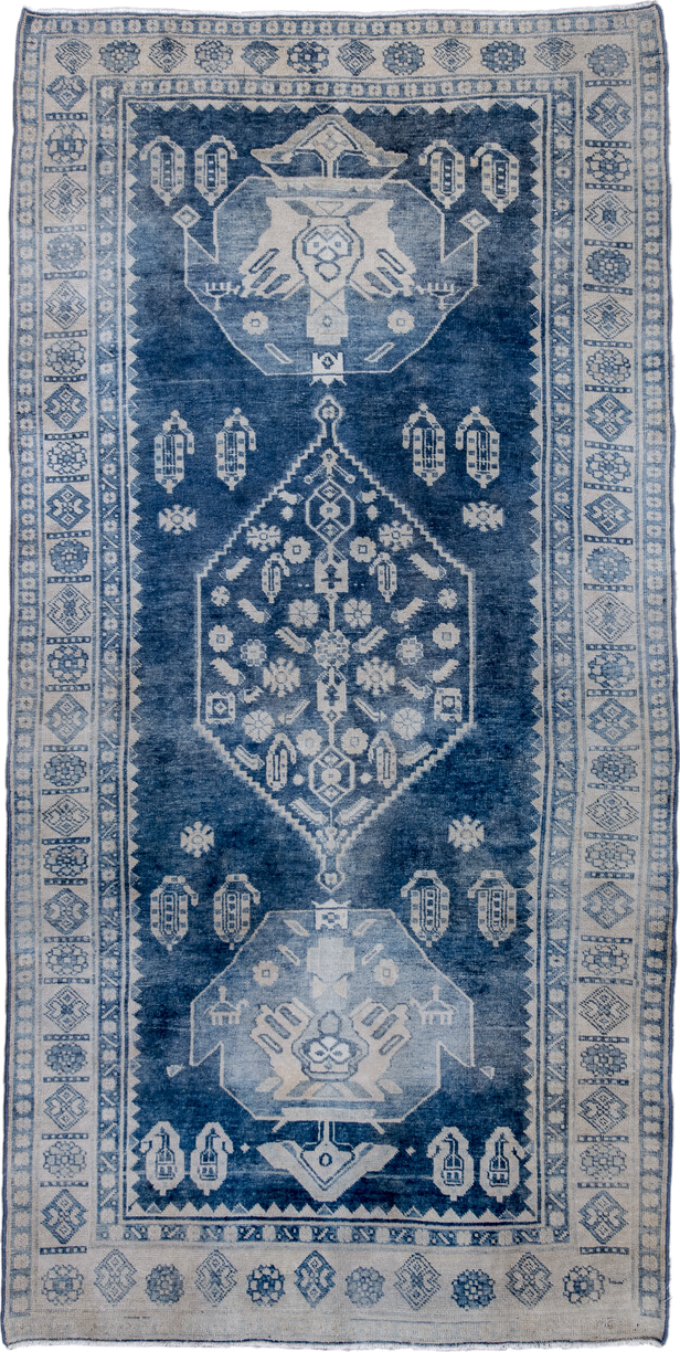 3' x 7' one-of-a-kind handmade antique Bidjar rug. Color palette: indigo, ivory, slate, navy, purple, gray, blue