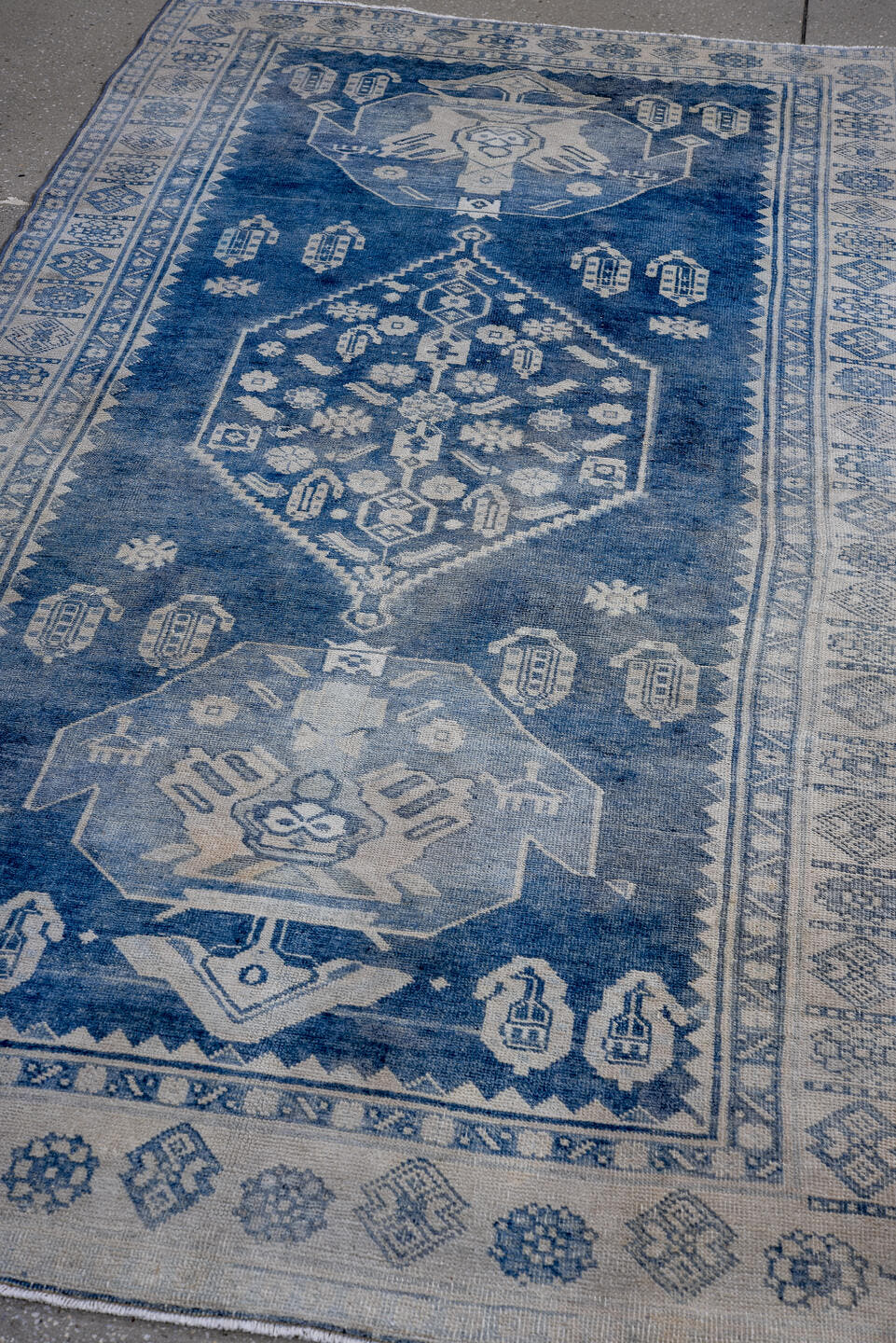 3' x 7' one-of-a-kind handmade antique Bidjar rug. Color palette: indigo, ivory, slate, navy, purple, gray, blue