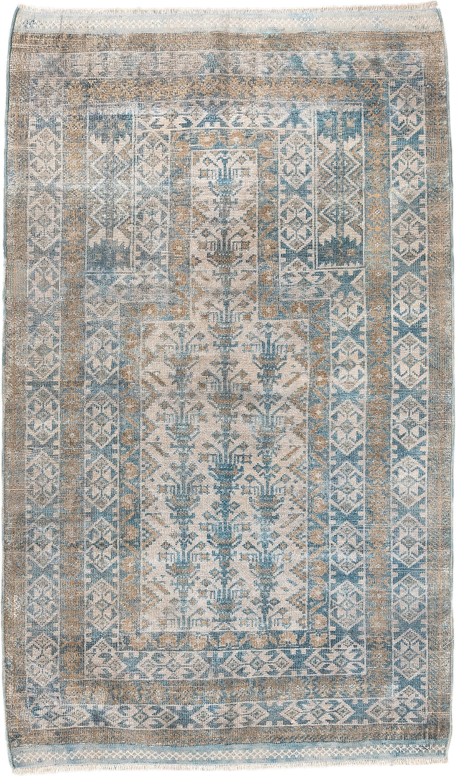 2' x 4' one-of-a-kind handmade antique Belouch small size rug. Color palette: ivory, sky blue, camel, taupe, sand