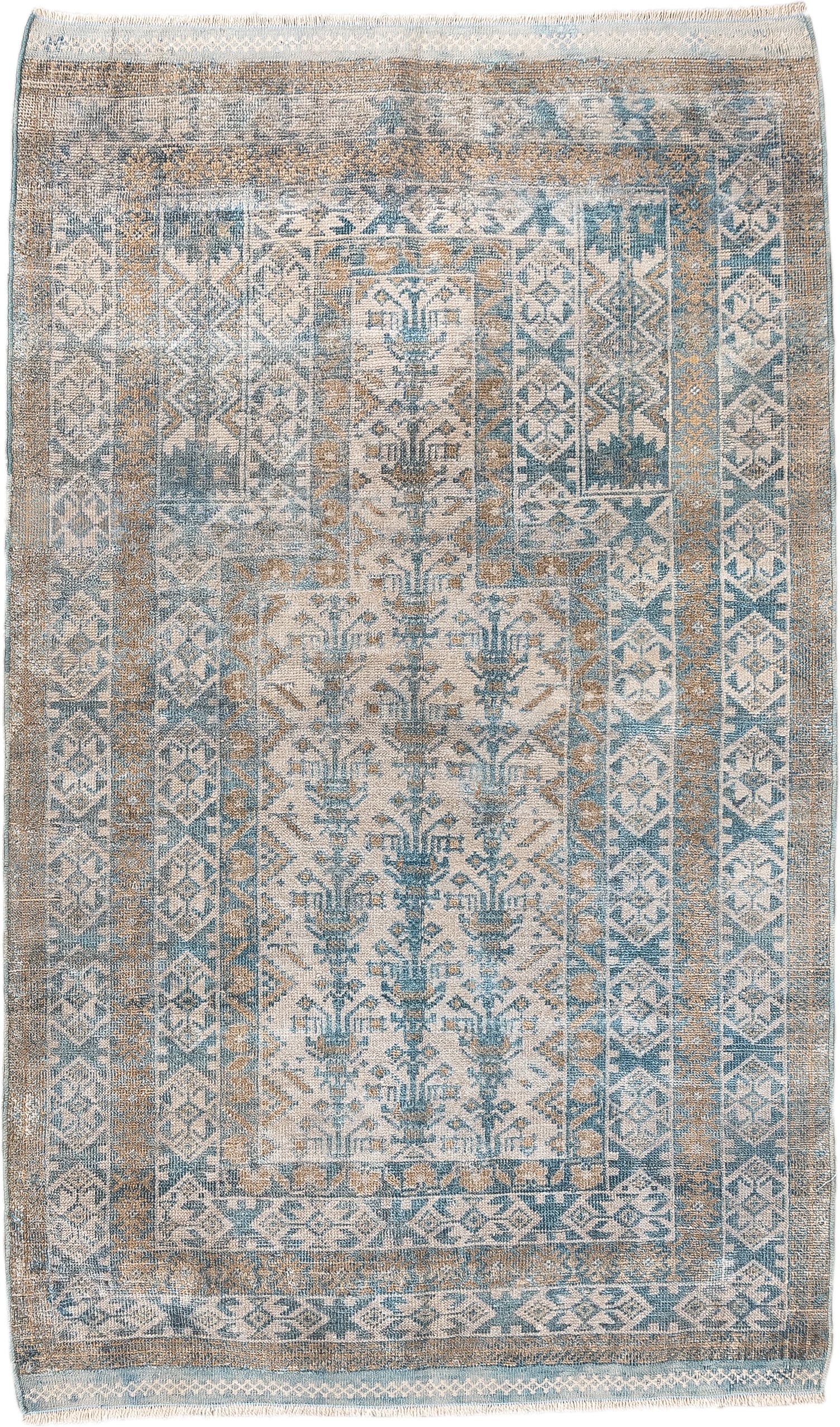 2' x 4' one-of-a-kind handmade antique Belouch small size rug. Color palette: ivory, sky blue, camel, taupe, sand