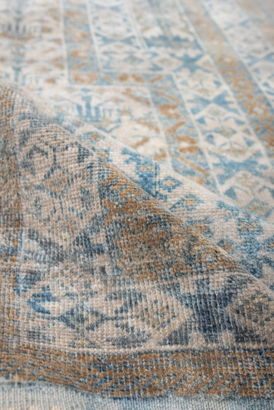 2' x 4' one-of-a-kind handmade antique Belouch small size rug. Color palette: ivory, sky blue, camel, taupe, sand