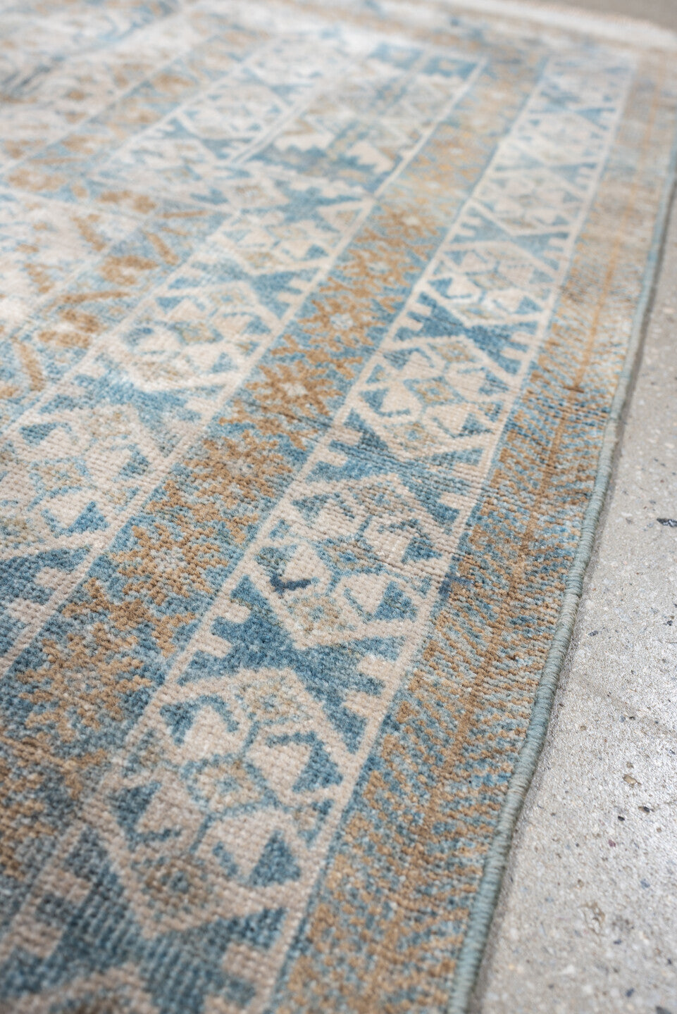 2' x 4' one-of-a-kind handmade antique Belouch small size rug. Color palette: ivory, sky blue, camel, taupe, sand