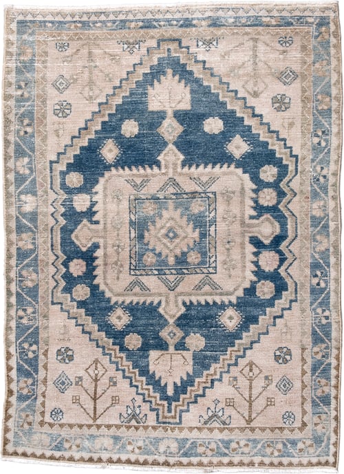 3' x 4' one-of-a-kind handmade antique Hamadan small size rug. Color palette: ivory, navy, light blue, taupe, beige, brown