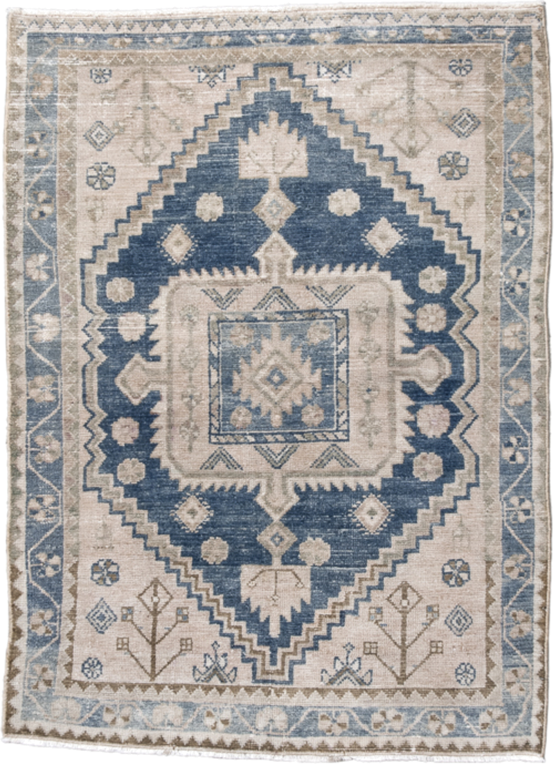 3' x 4' one-of-a-kind handmade antique Hamadan small size rug. Color palette: ivory, navy, light blue, taupe, beige, brown