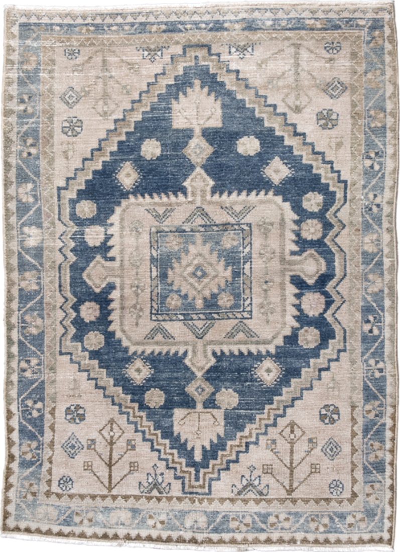 3' x 4' one-of-a-kind handmade vintage Hamadan small size rug. Color palette: arapawa, blue, dark gray, fiord, gray