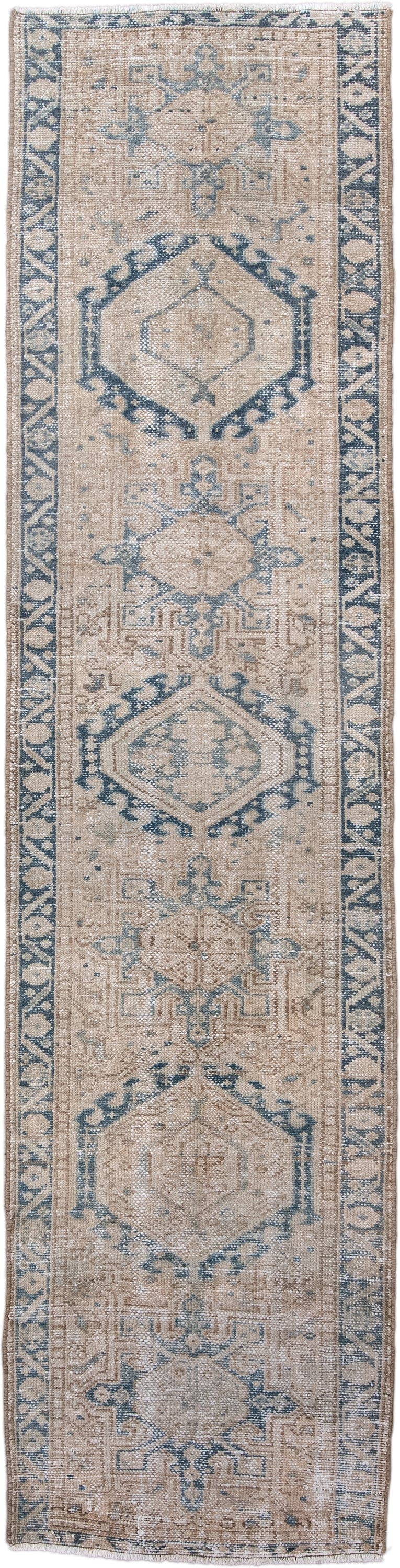 2' x 10' one-of-a-kind handmade antique Karaje runner rug. Color palette: ivory, pale blue, taupe, beige, slate, light blue