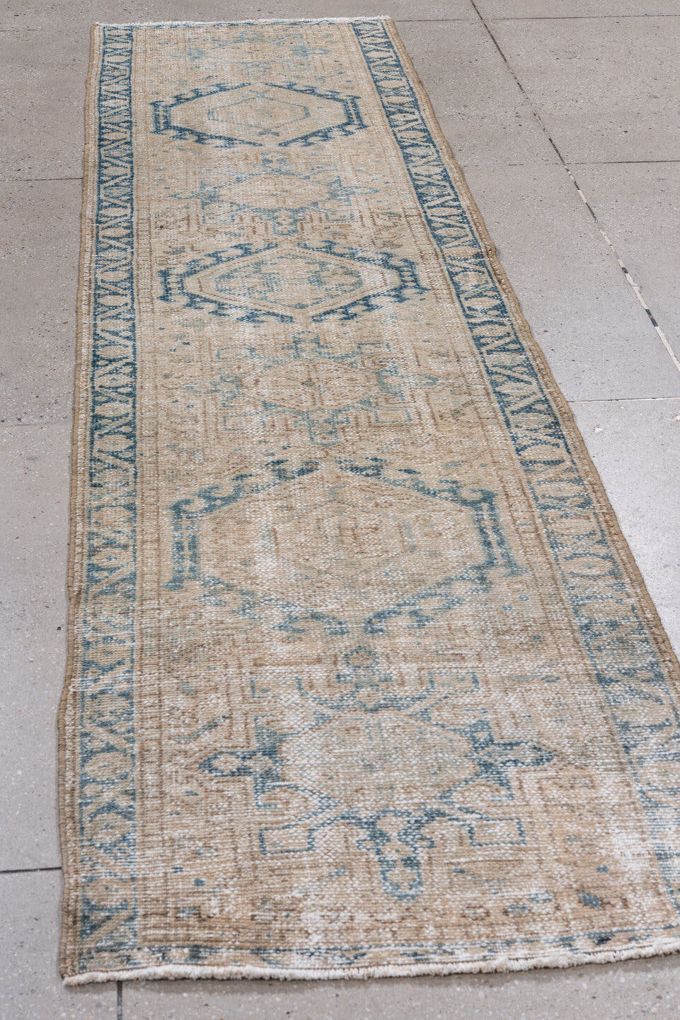 2' x 10' one-of-a-kind handmade antique Karaje runner rug. Color palette: ivory, pale blue, taupe, beige, slate, light blue