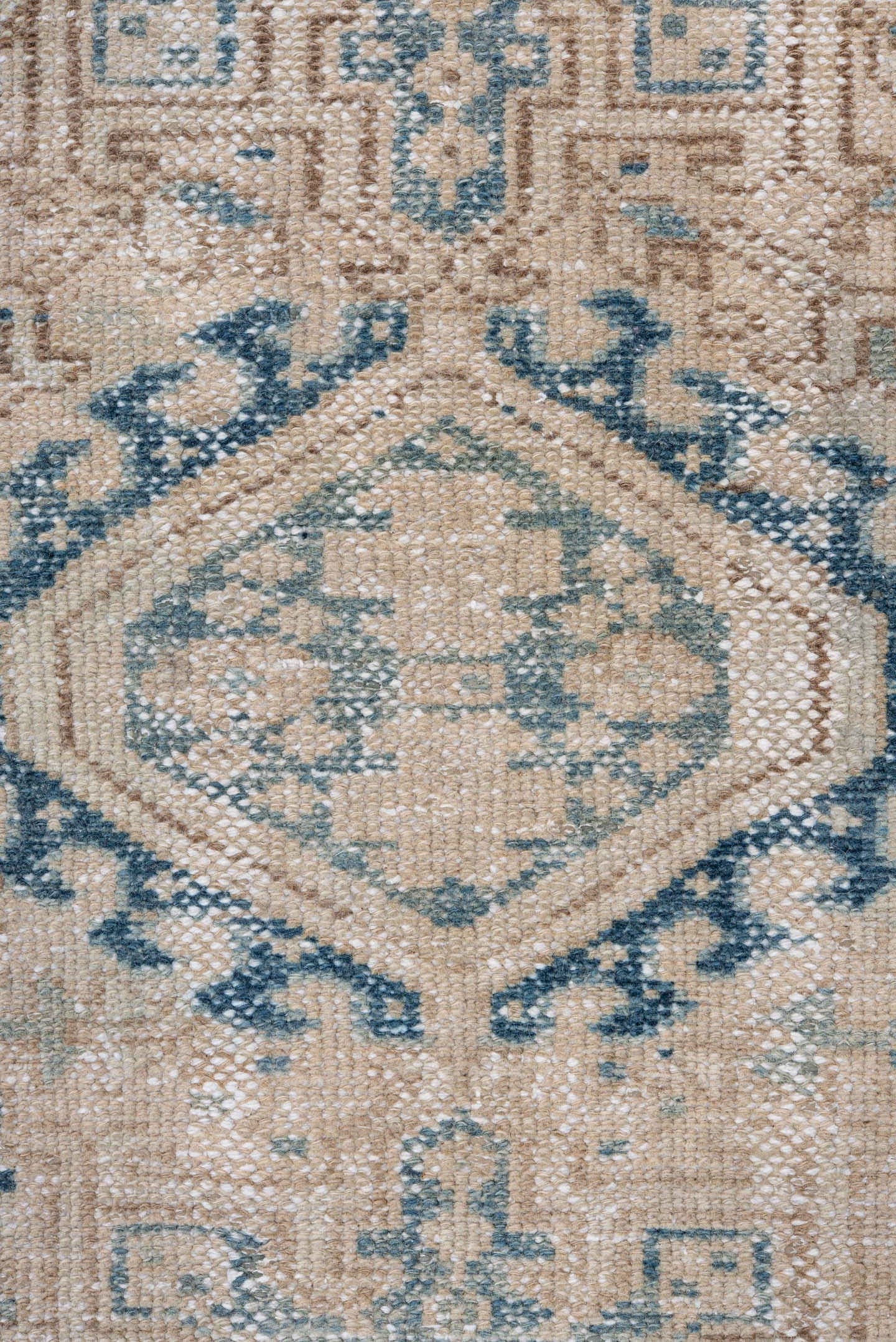 2' x 10' one-of-a-kind handmade antique Karaje runner rug. Color palette: ivory, pale blue, taupe, beige, slate, light blue