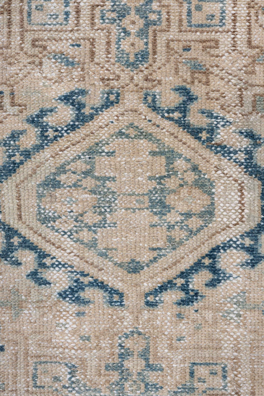 2' x 10' one-of-a-kind handmade antique Karaje runner rug. Color palette: ivory, pale blue, taupe, beige, slate, light blue