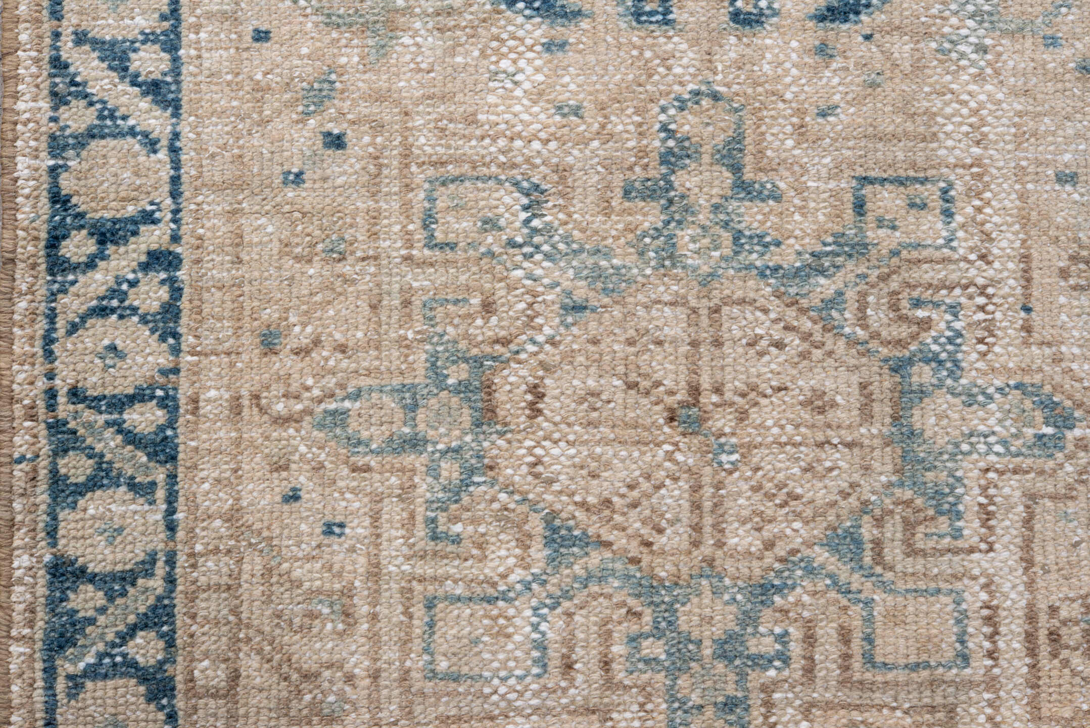 2' x 10' one-of-a-kind handmade antique Karaje runner rug. Color palette: ivory, pale blue, taupe, beige, slate, light blue