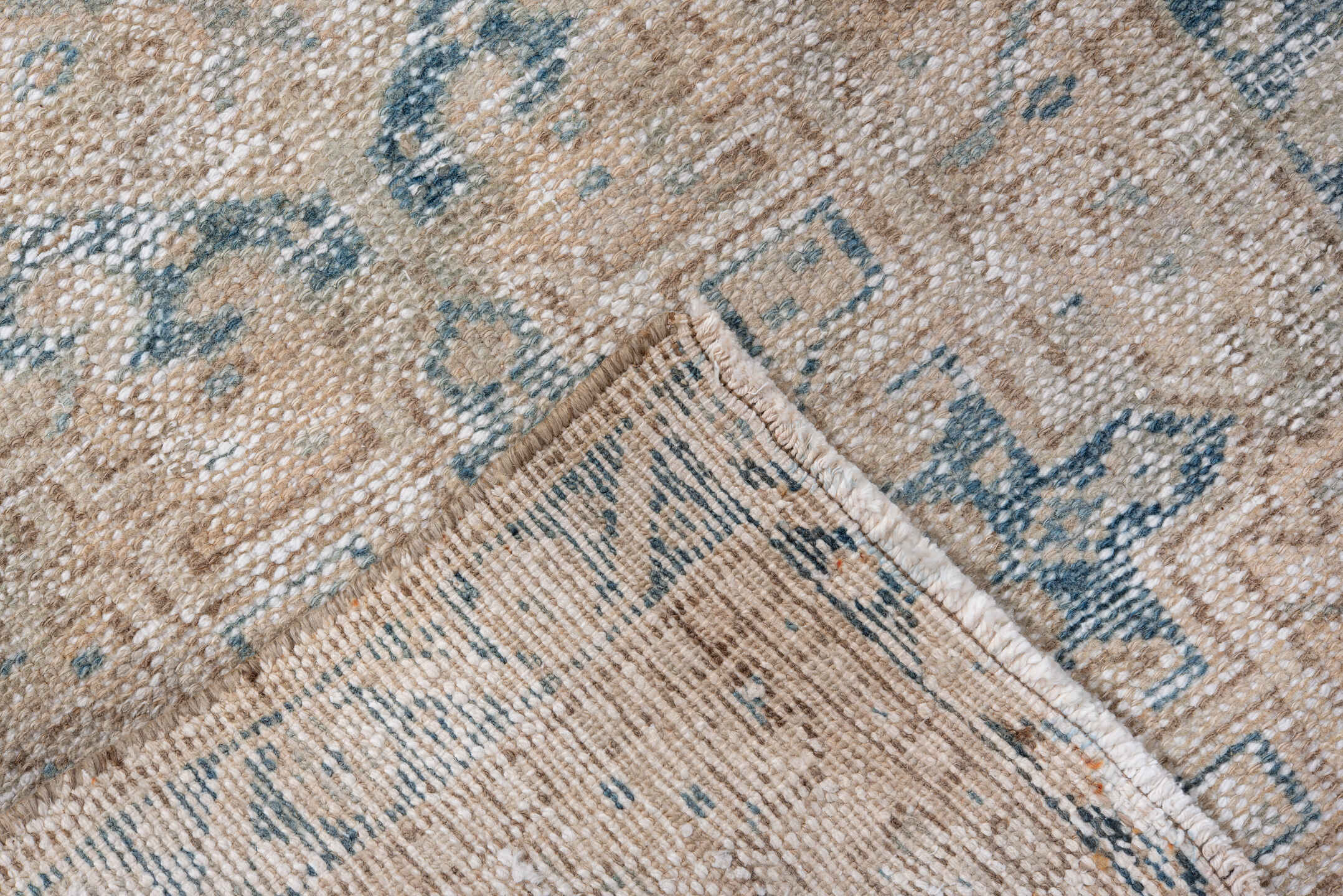 2' x 10' one-of-a-kind handmade antique Karaje runner rug. Color palette: ivory, pale blue, taupe, beige, slate, light blue